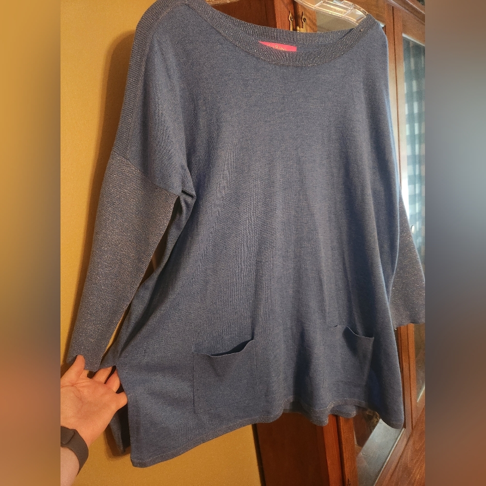 Lilly Pulitzer Cobo Metallic Blue Boat Neck Oversized Sweater